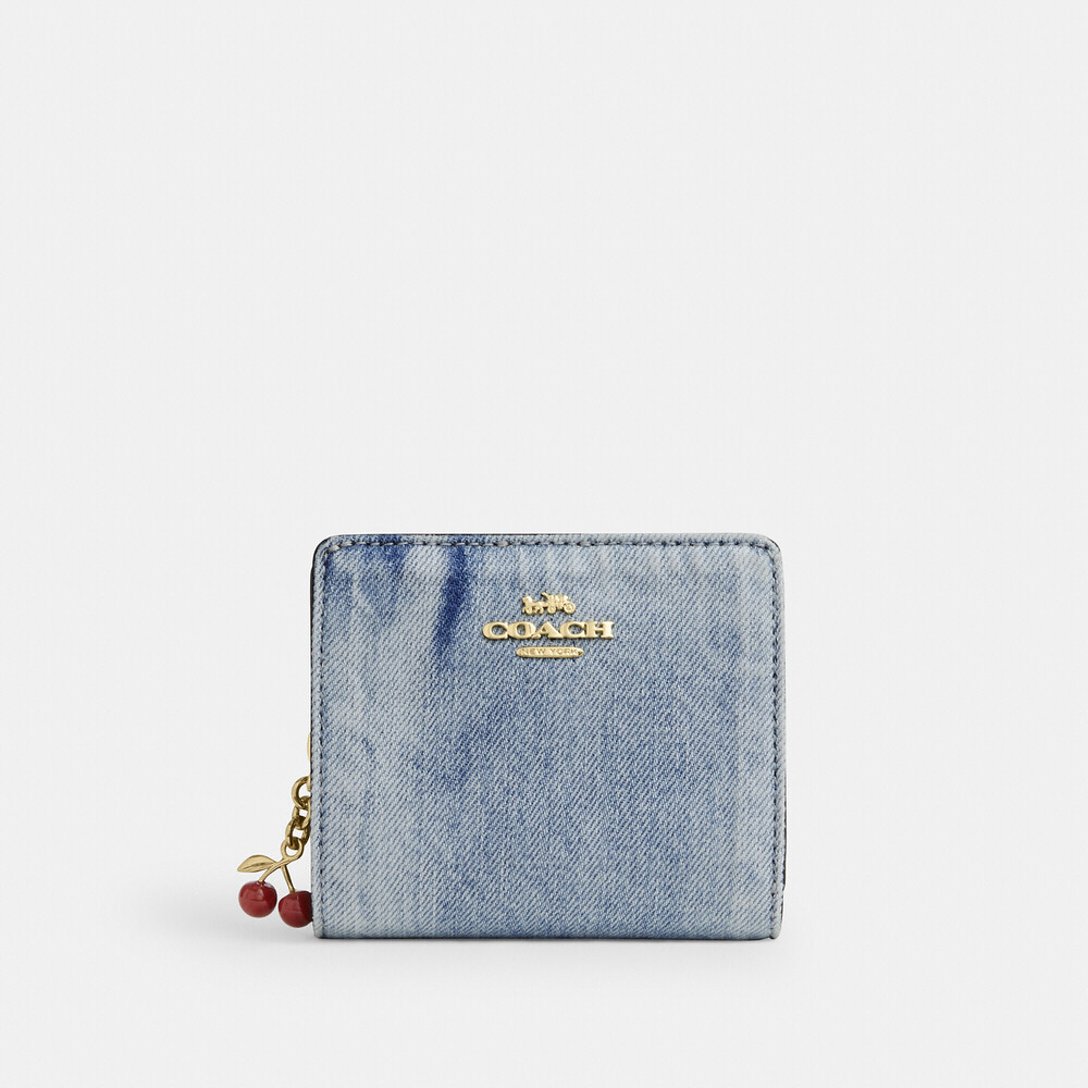 Coach Snap Wallet In Loved Blue Denim Gold With Red Cherry Charm Purse Bag